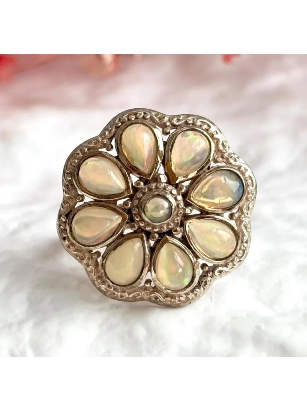 Teardrop Yellow Opal Scalloped Floral Sterling Silver 925 Vintage Ring - sz 8